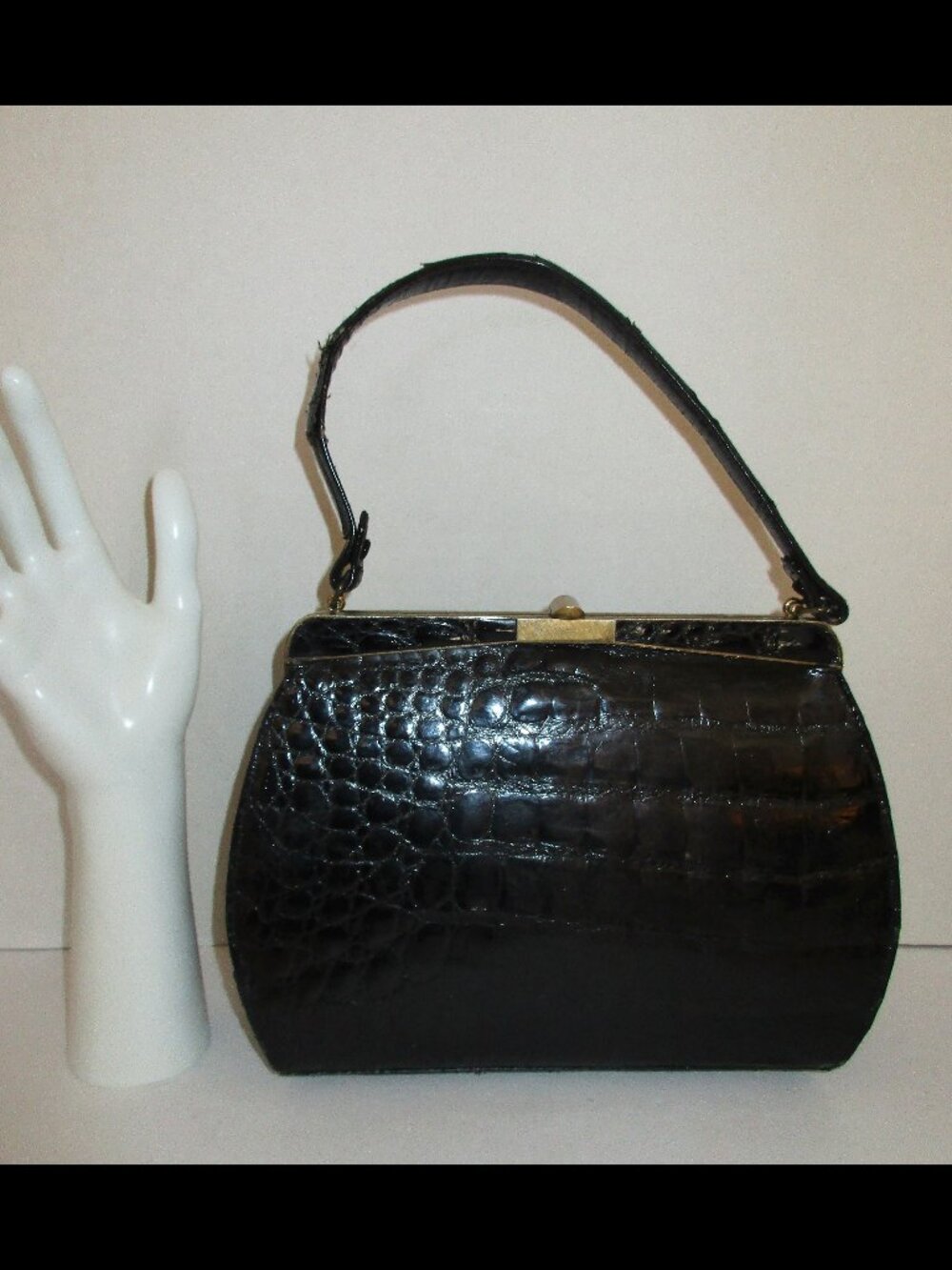 Vintage 1950s Black Alligator Skin Top Handle Purse Handbag with Coin Purse